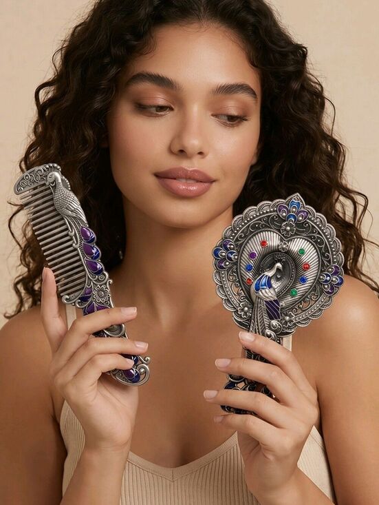 Vintage Peacock Mirror Comb Gift Set Antiqued Rhinestone Regency Vanity Boxed main image 5